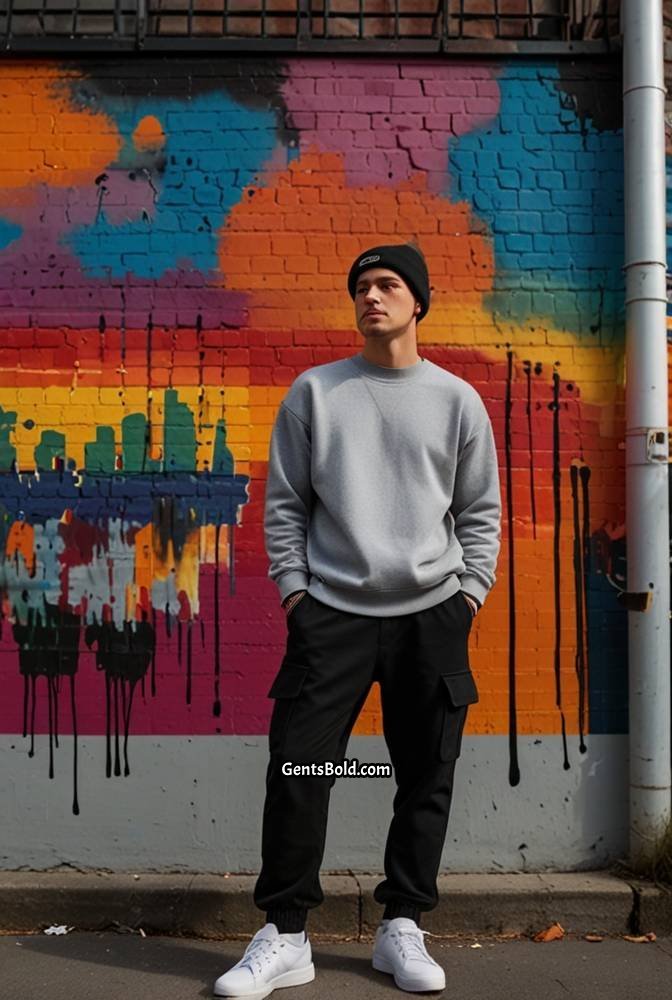 22. Grey Oversized Sweatshirt with Black Cargo Pants