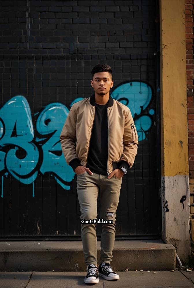 23. Beige Bomber Jacket with Black Skinny Jeans