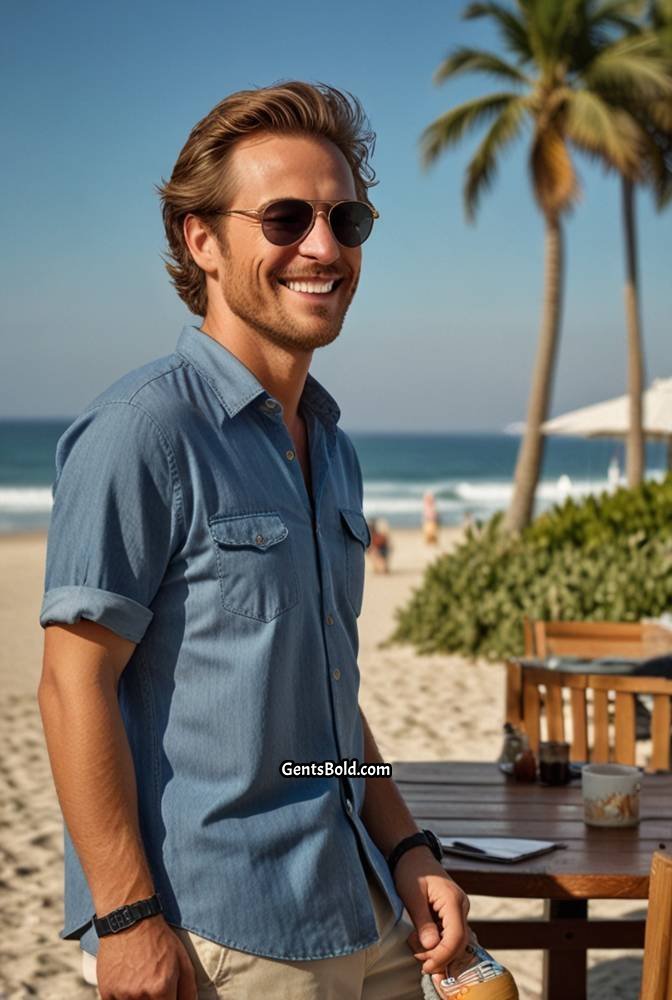 24. Blue Denim Shirt with Khaki Shorts