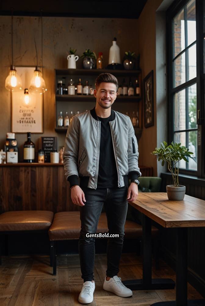 25. Grey Bomber Jacket with Black Skinny Jeans