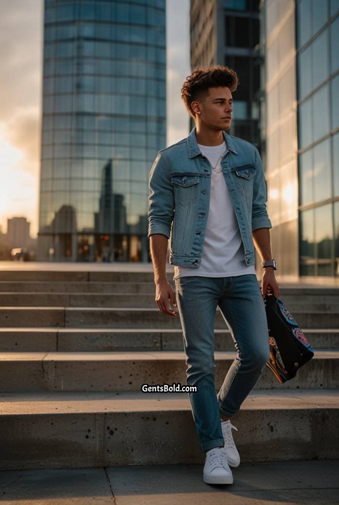 3. White T-Shirt with Blue Denim Jacket