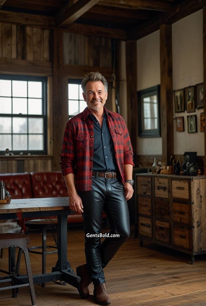 6. Black Leather Pants with Plaid Shirt