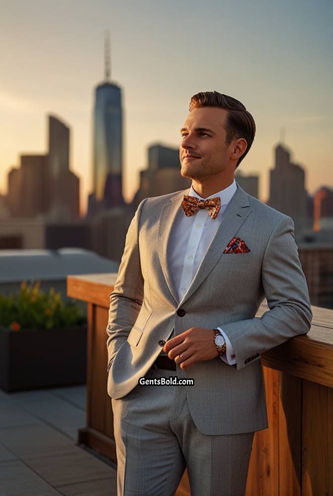 6. Light Grey Suit with a Floral Bow Tie