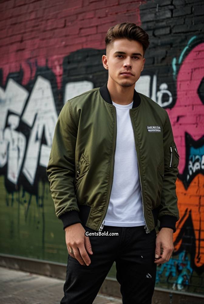 6. Olive Green Bomber Jacket with Black Jeans