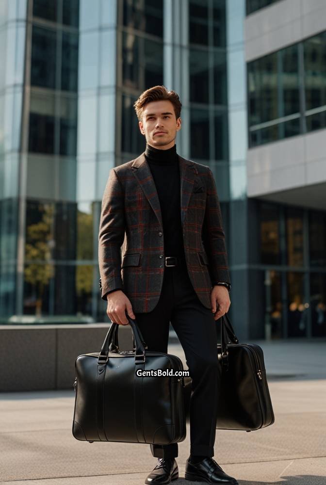9. Black Turtleneck with Plaid Blazer