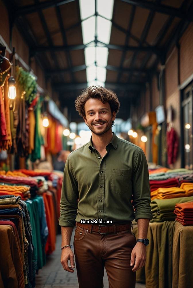 9. Dark Brown Leather Pants with Olive Green Shirt
